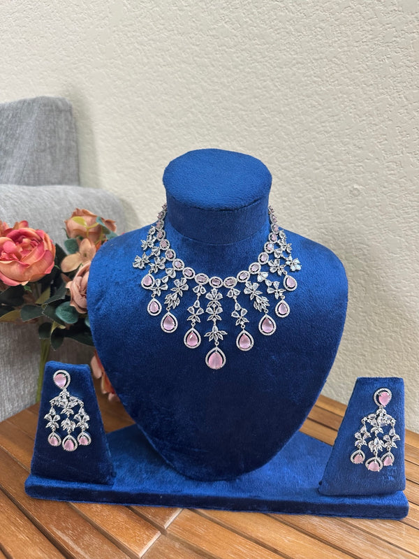 Silver American diamond necklace and earring set with pink stones