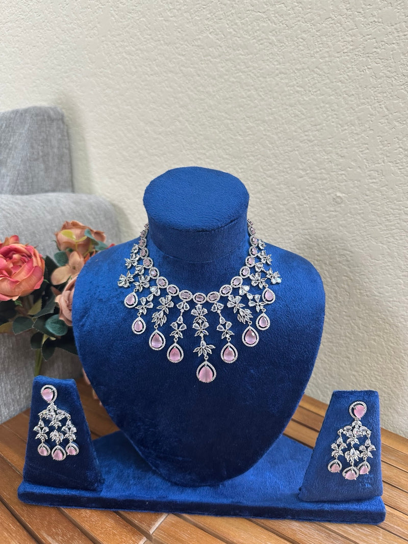 High quality silver American diamond necklace and earring set with soft pink stones