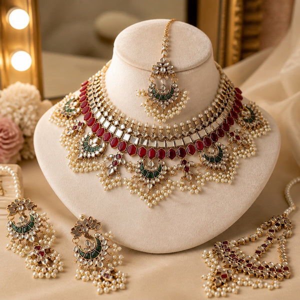 Handcrafted Bahawalpur bridal jewelry set with red green stones pearl accents necklace tikka and earrings