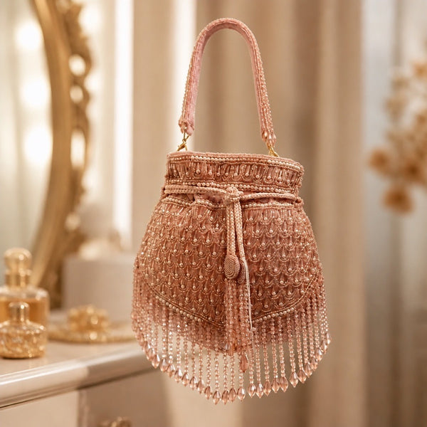 Front view of blush pink Indian potli clutch with pearl beadwork, embroidered handle and crystal fringe