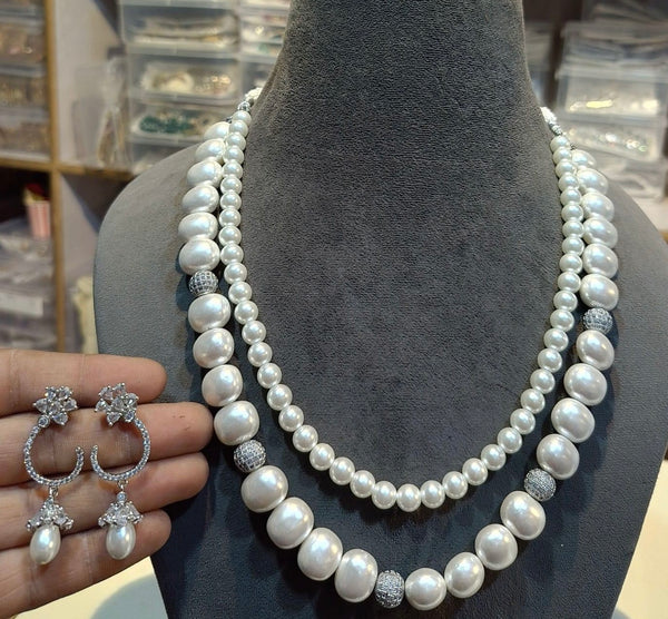 Double layer mixed-size pearl necklace set with crystal hoop drop earrings