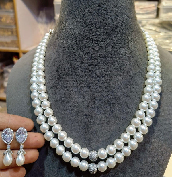 Double strand large pearl necklace set with crystal teardrop earrings