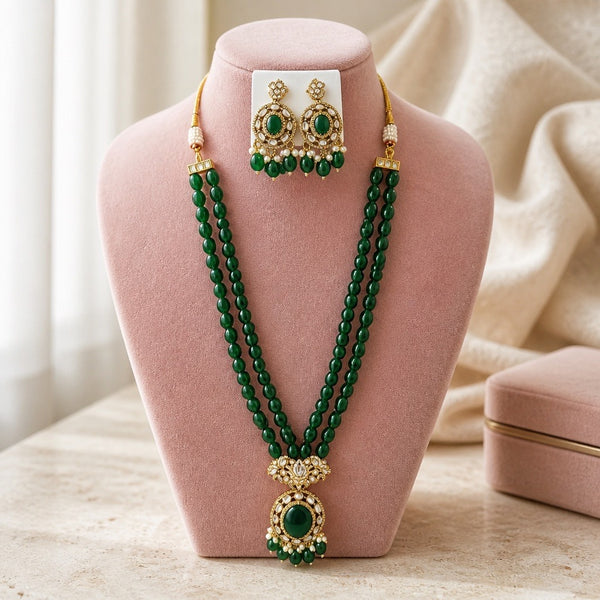 Emerald green beaded long mala necklace set with matching statement earrings