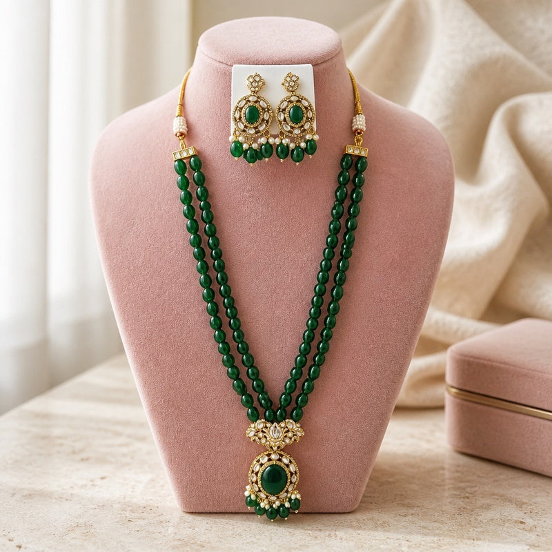 Emerald green beaded long mala necklace set with matching statement earrings