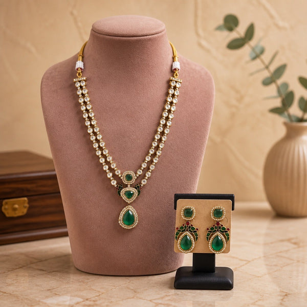 Emerald green double strand Kundan necklace set with matching drop earrings