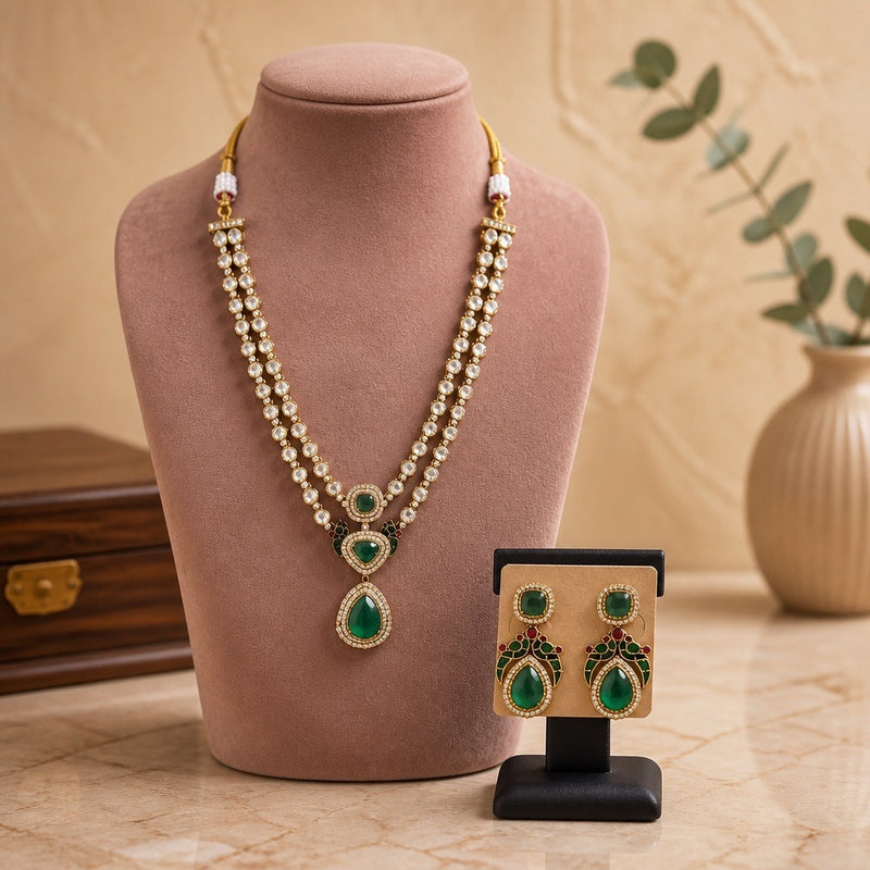 Emerald green double strand Kundan necklace set with matching drop earrings