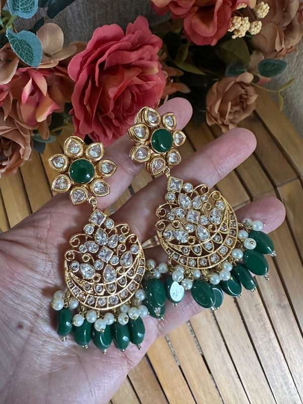 Emerald green kundan chandbali earrings full view with pearl details