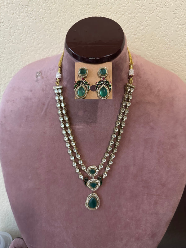Close-up of emerald green Kundan double strand necklace and matching earrings