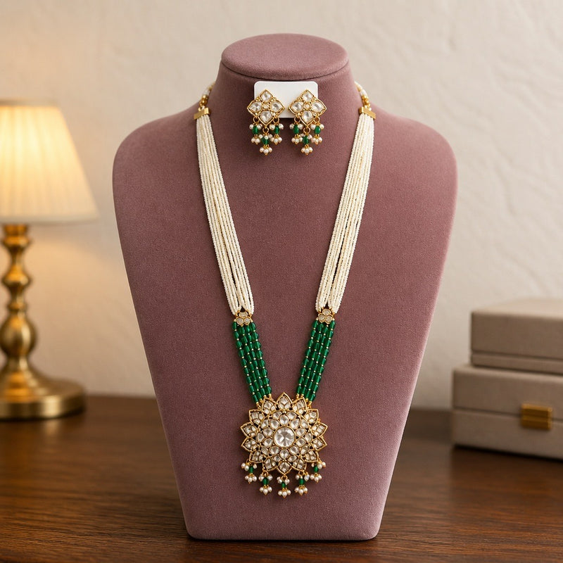 Emerald green and pearl Kundan long mala necklace set with matching earrings