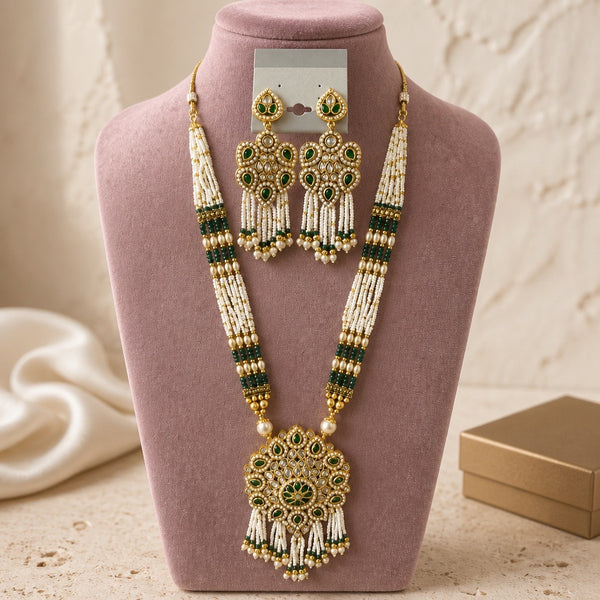 Emerald green pearl Kundan long necklace set with matching statement earrings
