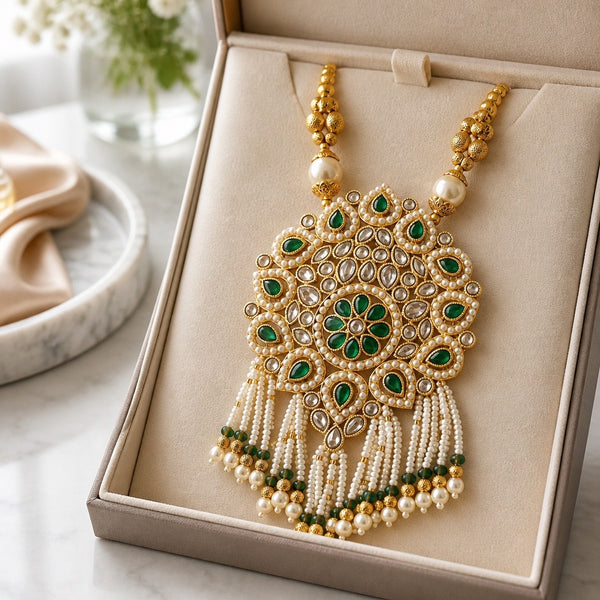 Emerald green pearl Kundan statement pendant with tassel drops