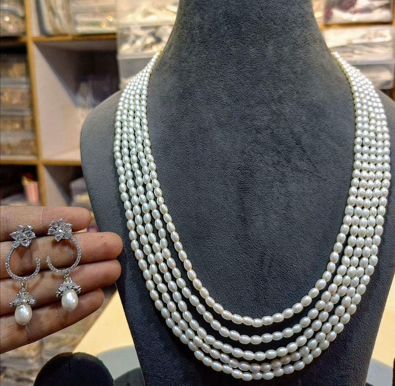 Five strand rice pearl necklace set with crystal hoop drop earrings