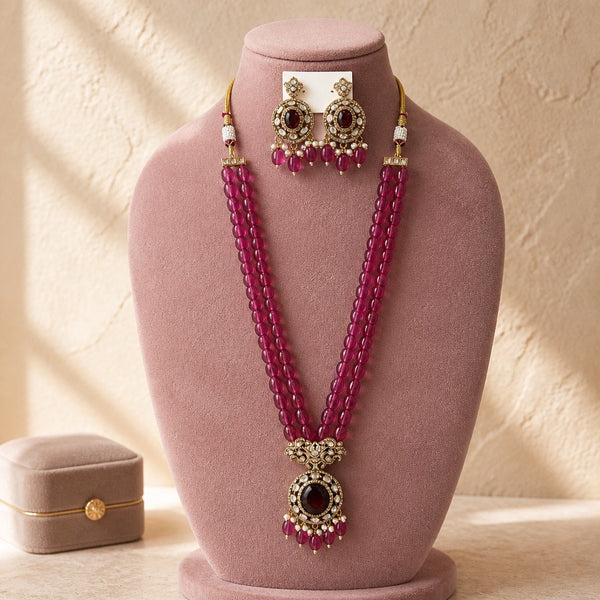 Fuchsia beaded long mala necklace set with matching statement earrings