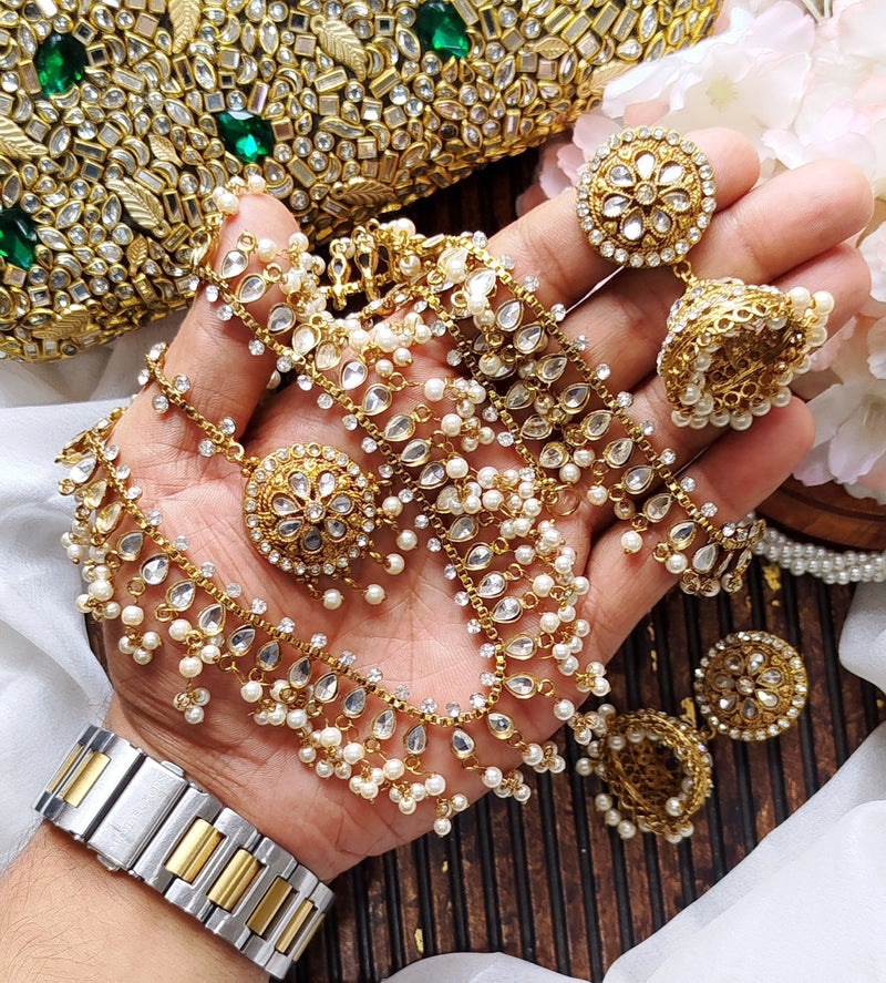 Long Pakistani mala necklace set with pearls kundan style and jhumka earrings