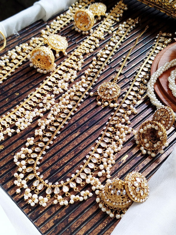 Desi bridal long mala set with kundan stones pearls and jhumka earrings