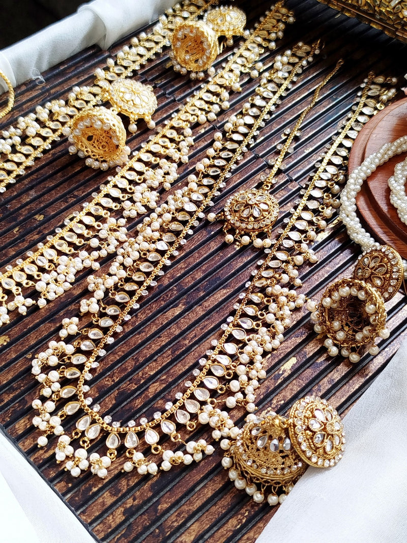 Desi bridal long mala set with kundan stones pearls and jhumka earrings