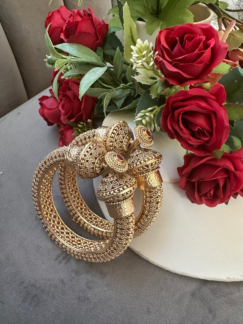 Gold color openable Madrassi bangles with detailed traditional filigree, Design 1