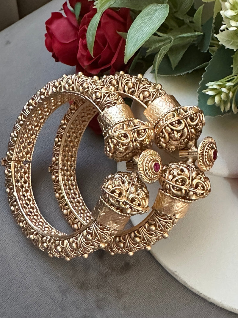 Gold color openable Madrassi bangles with ornate traditional detailing, Design 2