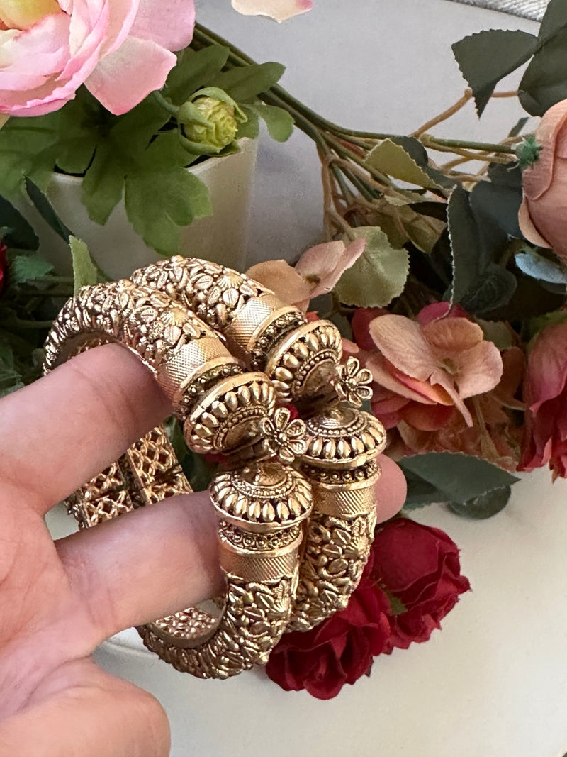 Gold color openable Madrassi bangles with floral end details, Design 3