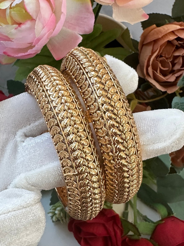 Gold color openable Madrassi bangles with layered traditional embossed detailing, Design 3