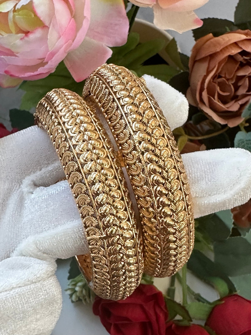 Gold color openable Madrassi bangles with layered traditional embossed detailing, Design 3