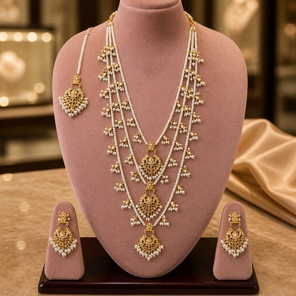 Gold pearl long mala necklace set with matching earrings