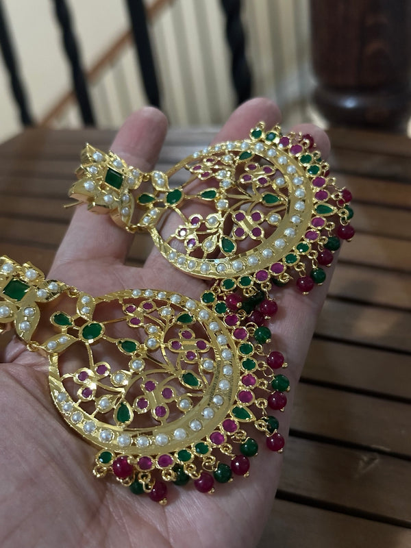 Gold plated large handmade heritage earrings with green and ruby stones and pearl accents