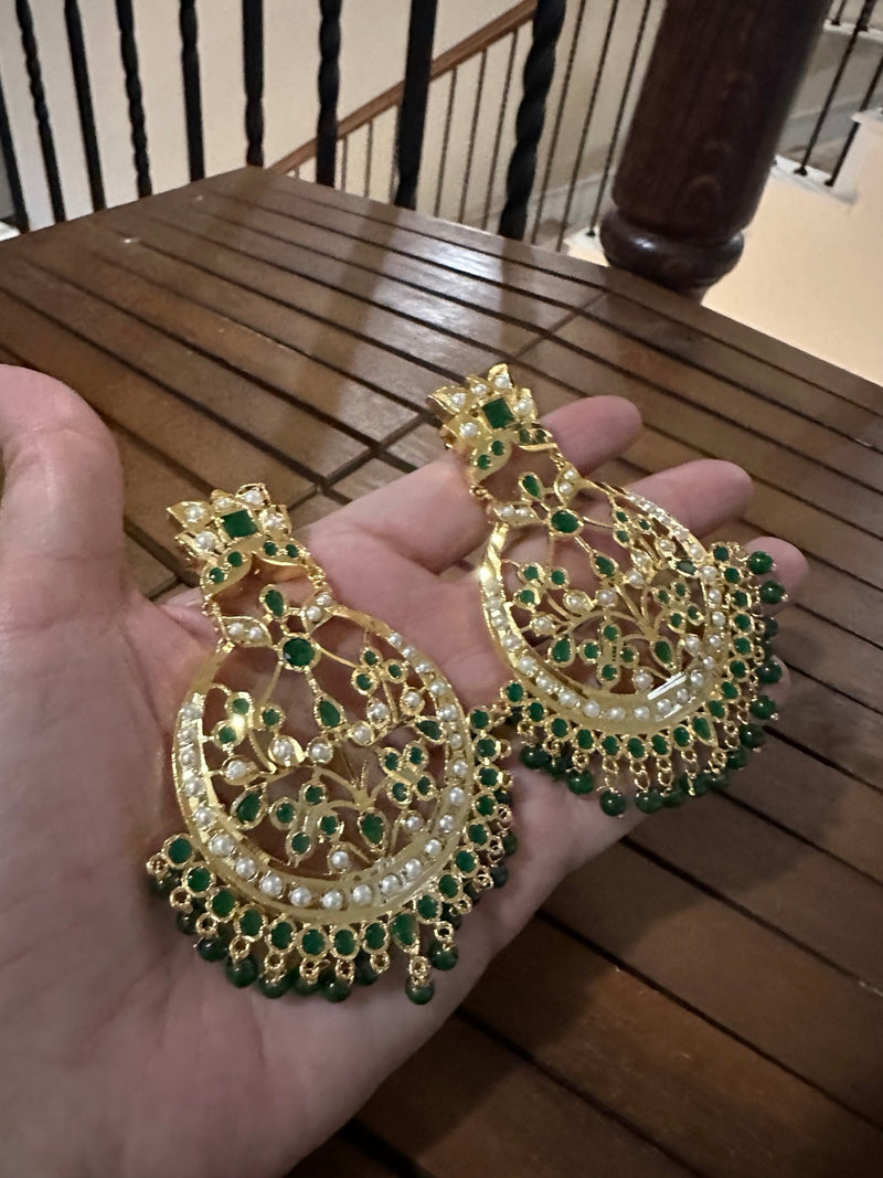 Gold plated large handmade heritage earrings with green stones and pearl accents