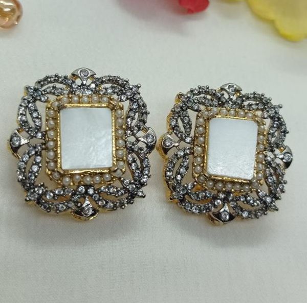 Gold plated square mother of pearl stud earrings with crystal and pearl detailing