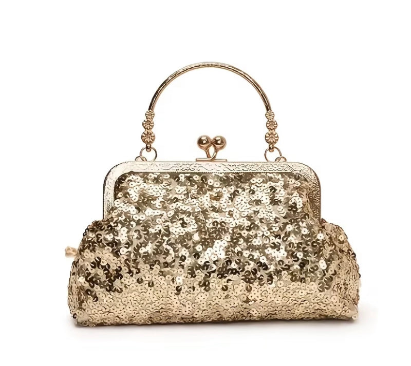 Gold sequin evening clutch handbag with gold-tone metal frame and top handle