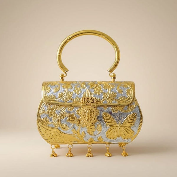 Gold and silver hand carved metal clutch handbag with handle