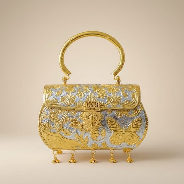 Gold and silver hand carved metal clutch handbag with handle
