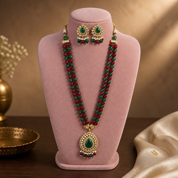 Green and maroon double strand mala necklace set with matching earrings