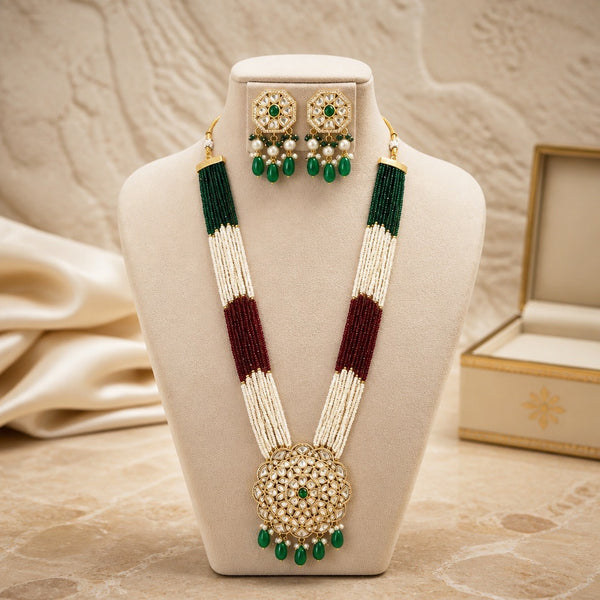 Green maroon and pearl long mala necklace set with matching earrings