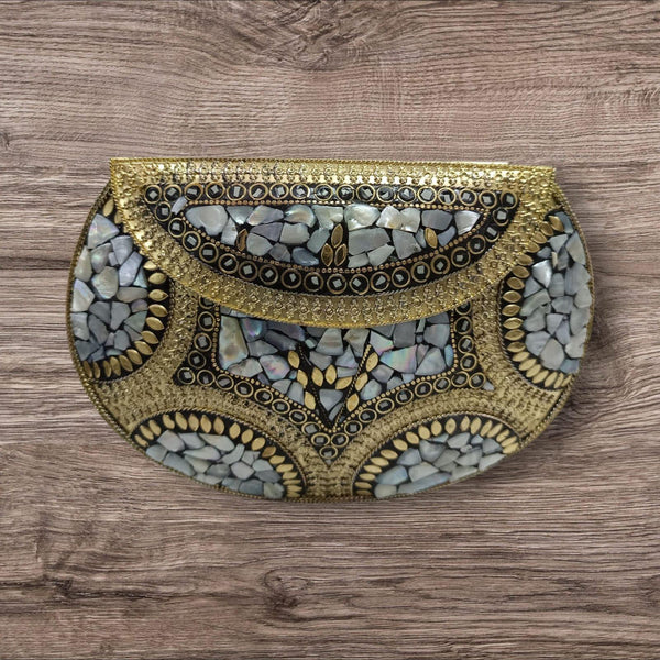 Handcrafted metal shell mosaic clutch with black velvet lining