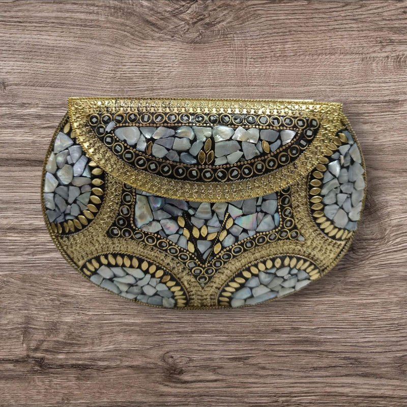 Handcrafted metal shell mosaic clutch with black velvet lining