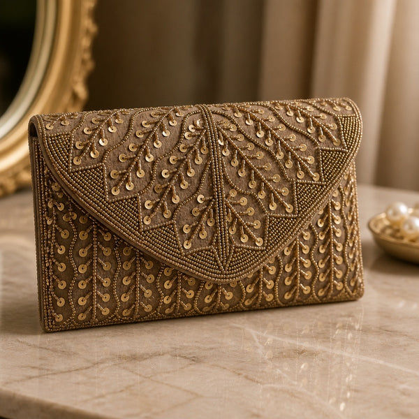 Handmade beaded clutch in antique gold with leaf embroidery and sequins