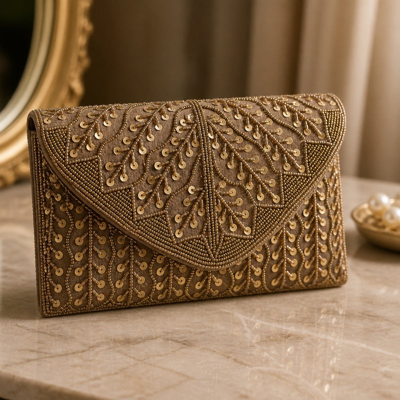 Handmade beaded clutch in antique gold with leaf embroidery and sequins
