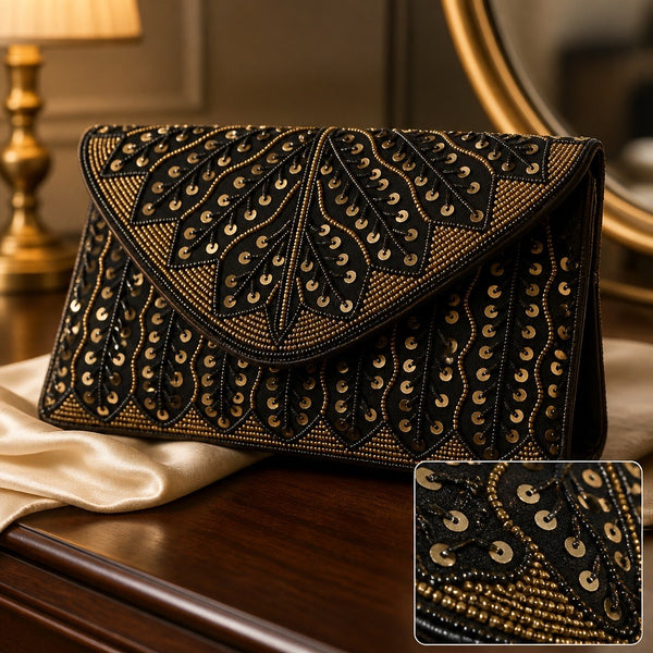 Handmade beaded clutch in black and gold with sequin leaf embroidery