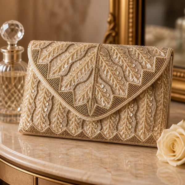 Handmade beaded clutch in champagne with leaf embroidery and sequin details