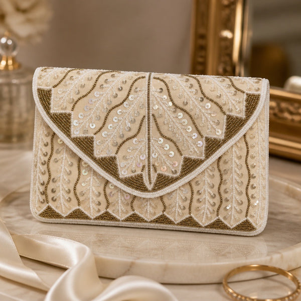 Handmade beaded clutch in ivory with gold leaf embroidery and sequin details