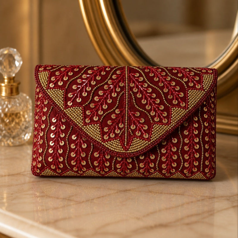Handmade beaded clutch in red and gold with leaf embroidery and sequins