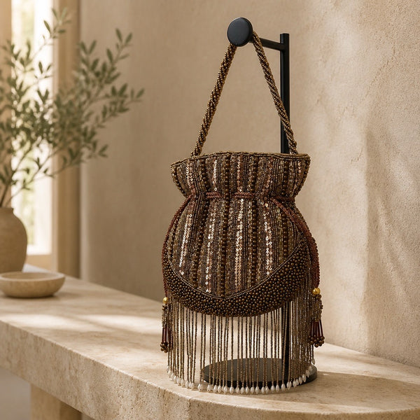Bronze handmade Indian potli clutch with beadwork, sequins, tassels and long pearl-tipped fringe