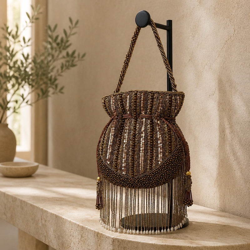 Bronze handmade Indian potli clutch with beadwork, sequins, tassels and long pearl-tipped fringe