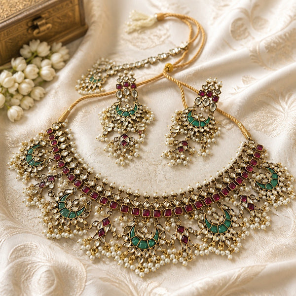 Long pearl layered mala necklace set on gold display