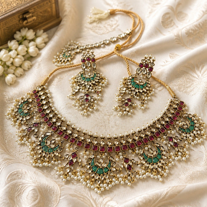 Long pearl layered mala necklace set on gold display