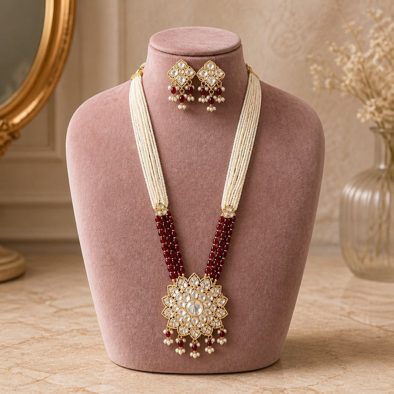 Maroon and pearl Kundan long mala necklace set with matching earrings