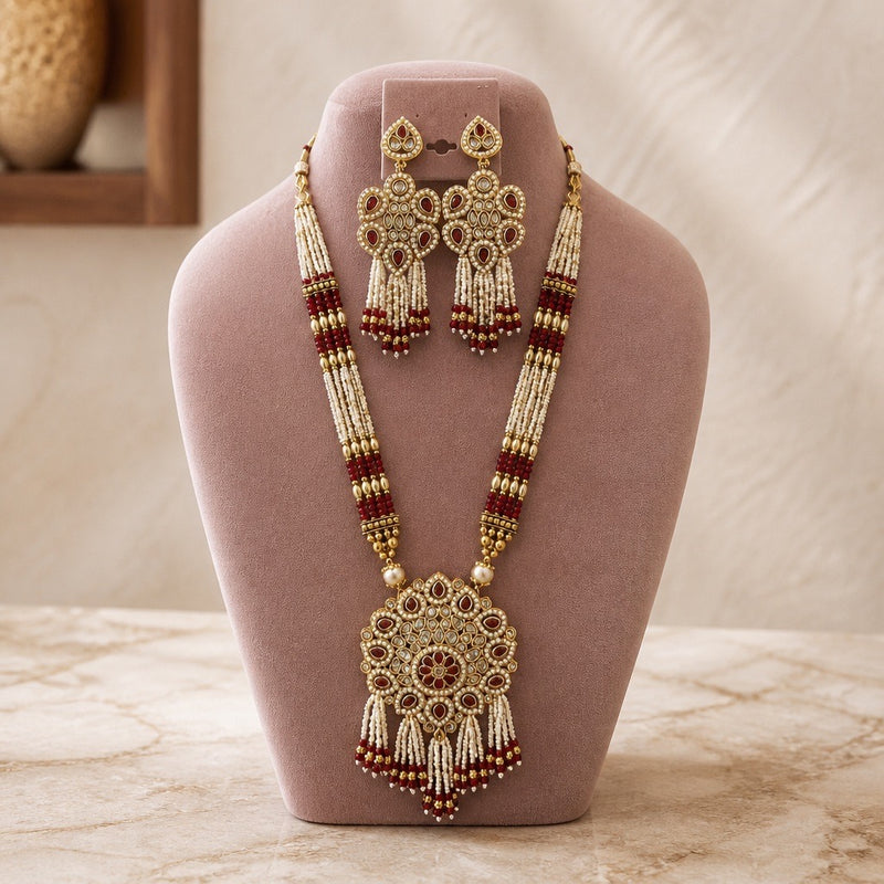 Maroon pearl Kundan long necklace set with matching statement earrings