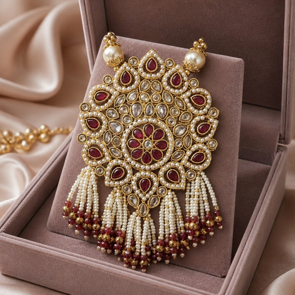 Maroon pearl Kundan statement pendant with tassel drops