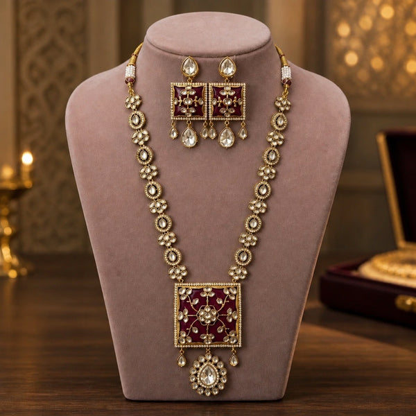 Maroon square pendant Kundan long necklace set with matching earrings